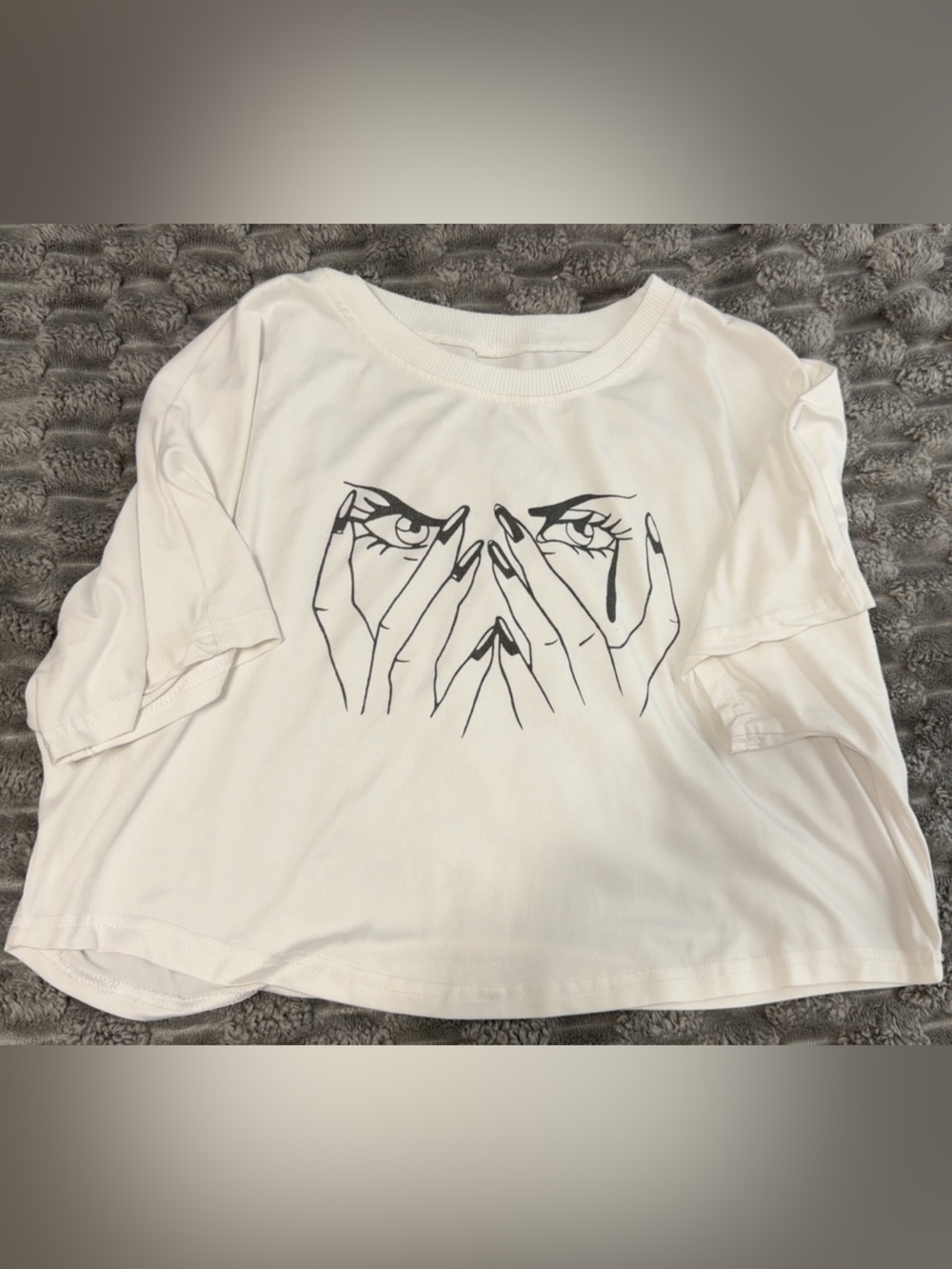 White Crop Tee with Black Eye & Hands Graphic